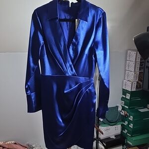 Aidan by Aidan Mattox Royal Blue Satin Long Sleeve Wrap Dress